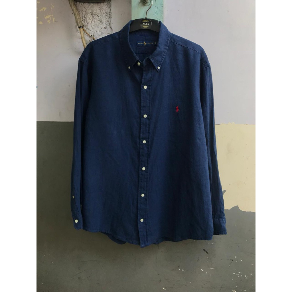 kemeja Ralph Lauren navy linen polos lengan panjang preloved