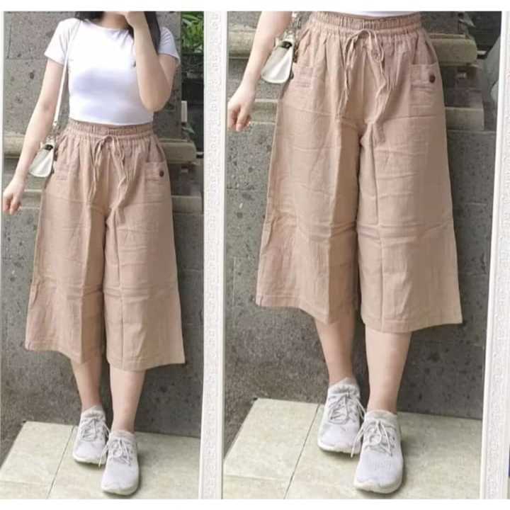 Celana Kulot Wanita 7/8 Linen Crinkle Adem dan Nyaman, Pilihan Size Jumbo
