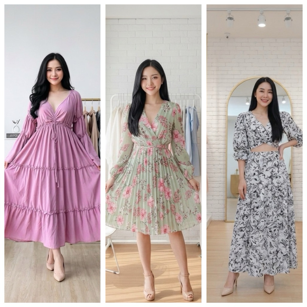 Peony Belle Dress Import Bangkok | Dress Lengan Panjang Wanita | Dress Bangkok Premium Motif Bunga |