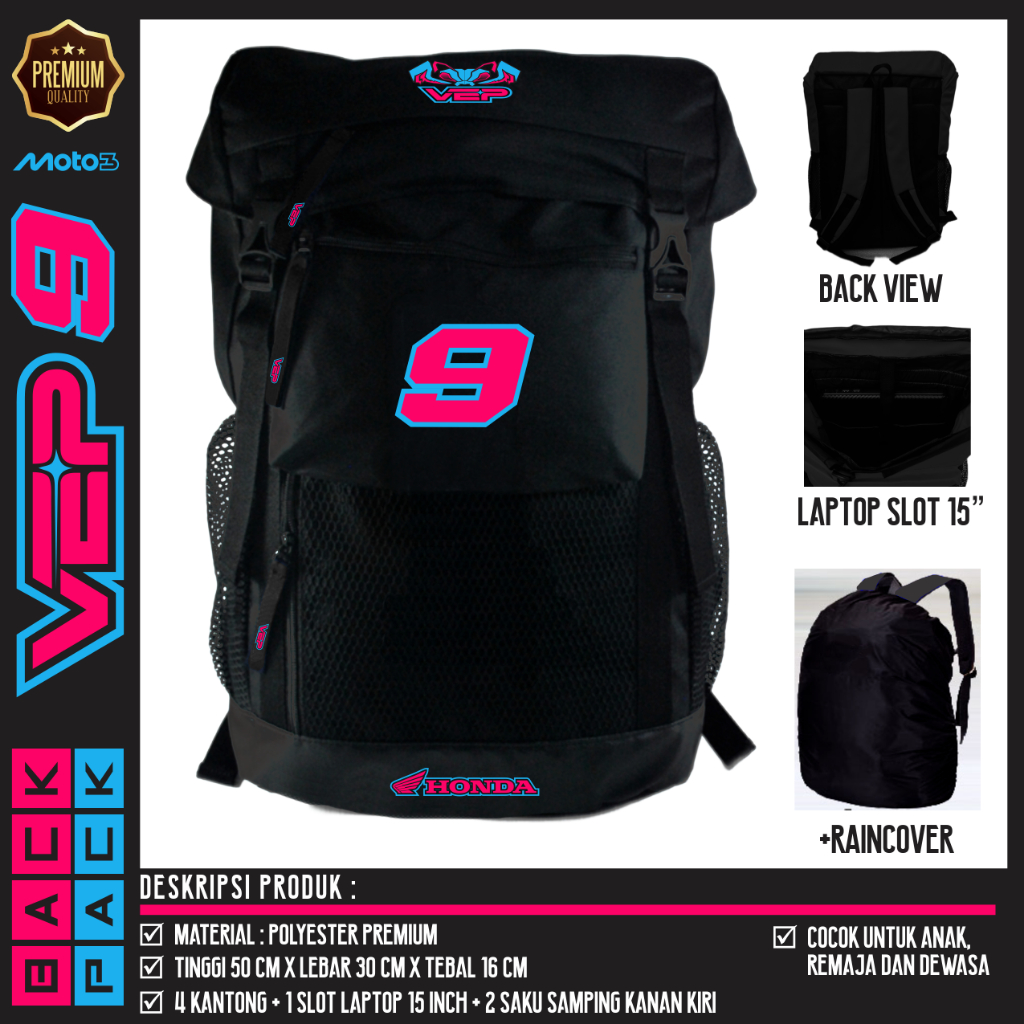 TAS RANSEL BACKPACK PUNGGUNG MOTOGP MOTO3 VEDA EGA PRATAMA VED 9 THE MANTIS