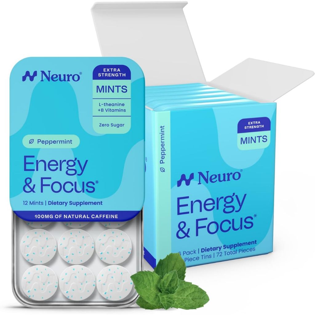Neuro Energy & Focus Mints Extra Strength Peppermint 12 Pcs Caffeine Nootropic L-Theanine