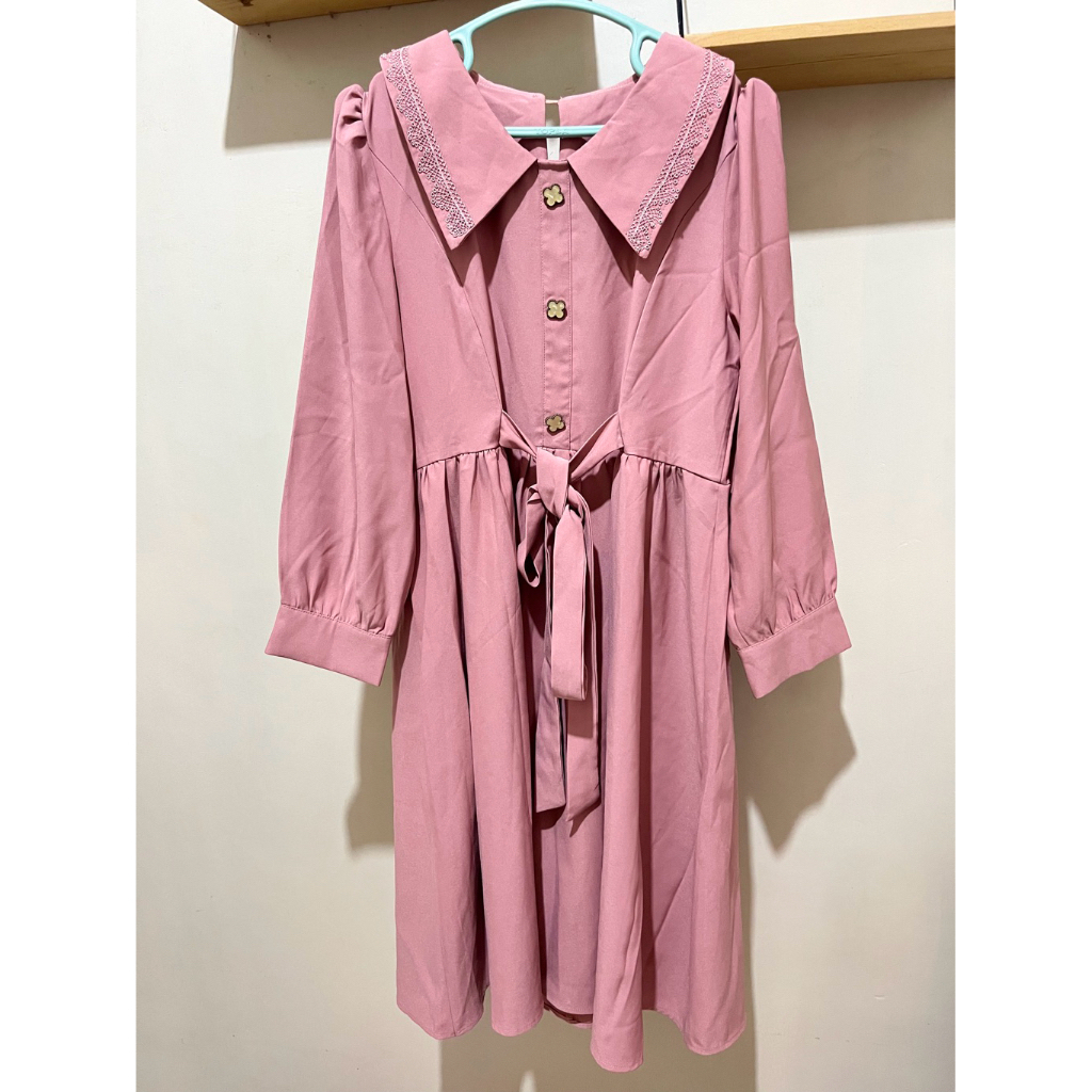 Tunik Wanita Pink Salem Kerah Besar Korean Style Midi Dress