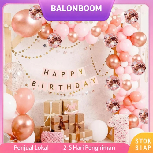 1Set Dekorasi Balon Garland / Kit Lengkungan Garland Balon Rose Gold, Balon Konfeti Putih Untuk Ulan