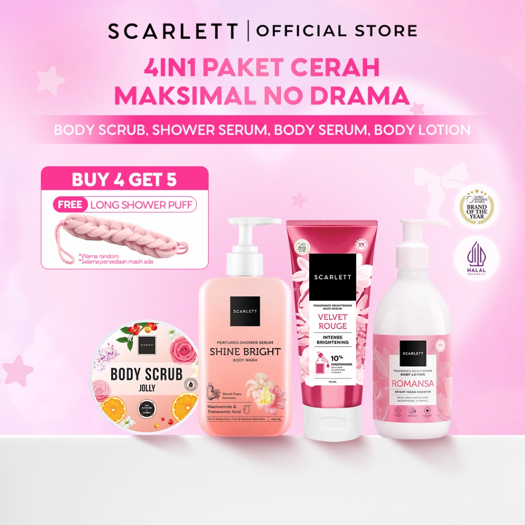SCARLETT 4in1 Bodycare Daily Routine Body Scrub + Shower Scrub + Body Serum + Body Lotion Paket Seha