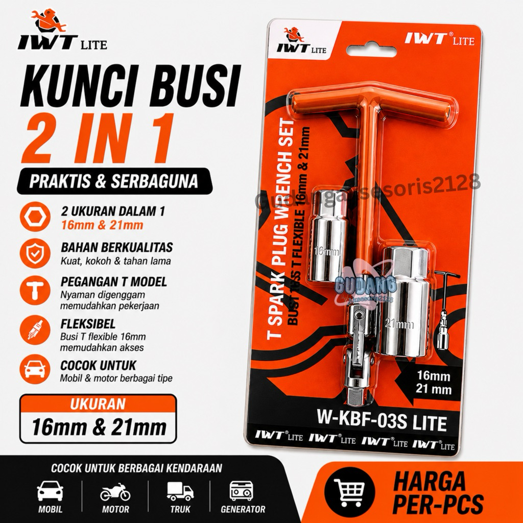 (Gd) IWT Kunci busi mobil motor fleksibel model T 2 in 1 ukuran 16 dan 21mm iwt t type spark plug 10