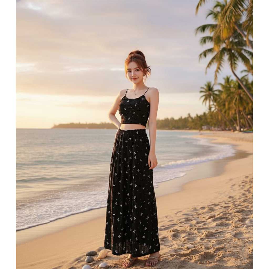 Ribbon Crop Singlet Long Skirt Set Wanita Korean Style | Set Rok Panjang & Crop Top Kekinian