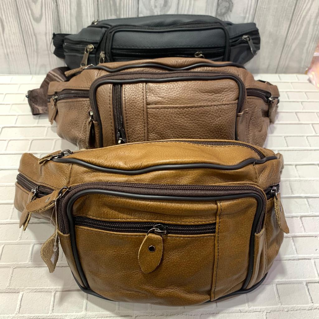 Tas Pinggang Kulit Sapi Pria Wanita Banyak Ruang Resleting Hitam Cokelat Krem