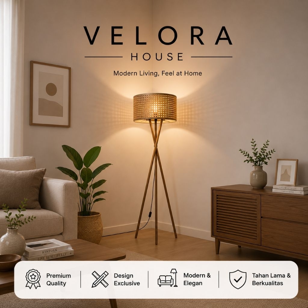 Lampu Lantai Rotan Minimalis Estetik Kayu Walnut | Standing Lamp Ruang Tamu Modern Scandinavian - Ve