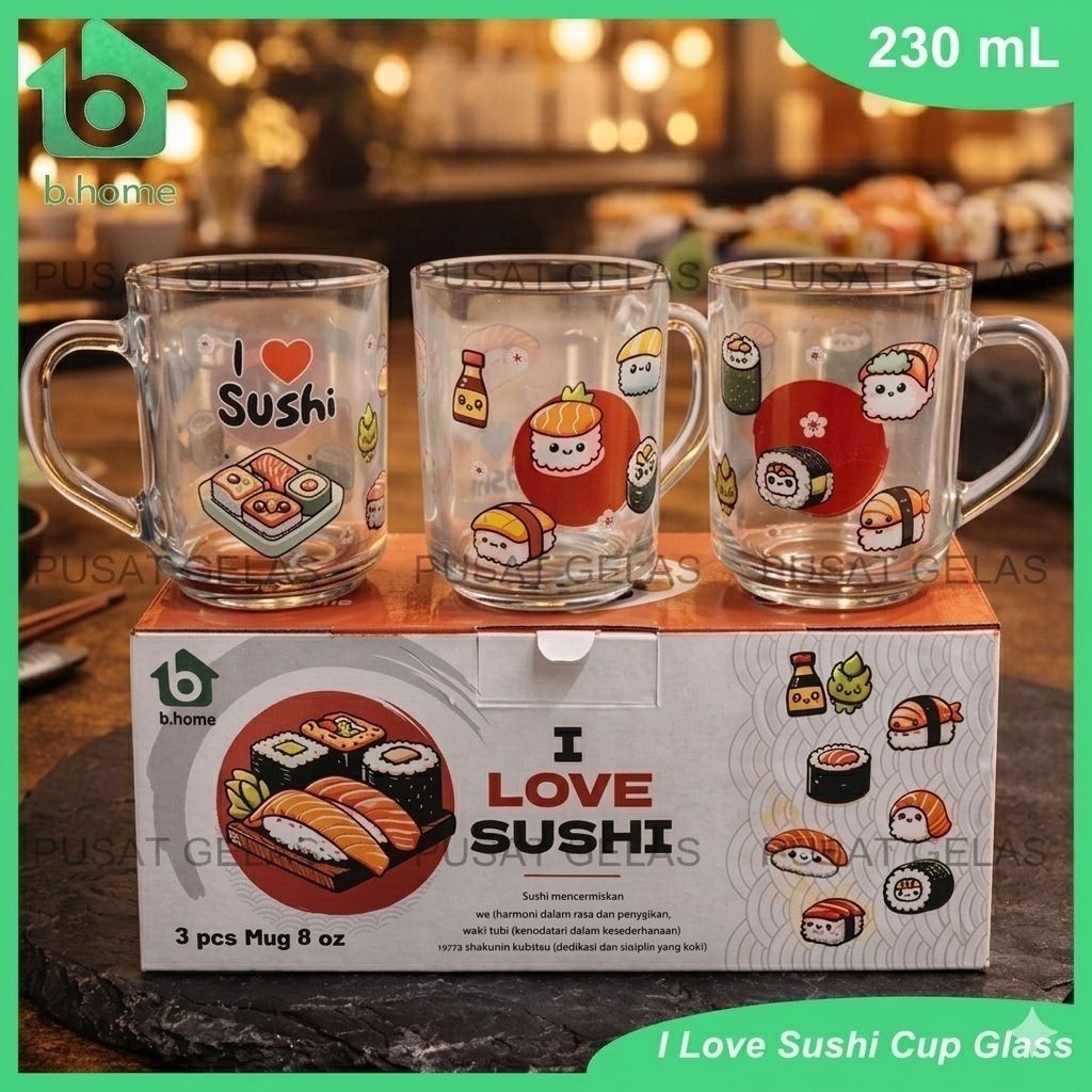 1 SET ISI 3 Cangkir Kaca - Gelas Kaca - Gelas Motif Sushi - Gelas Gift Box - Gelas Lucu - Gelas Susu