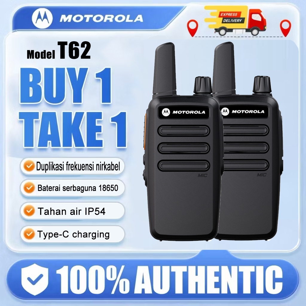 Walkie Talkie MOTOROLA T62 2 Unit - Tahan Air, Suara Jernih, Desain Portabel Frekuensi duplikasi HT