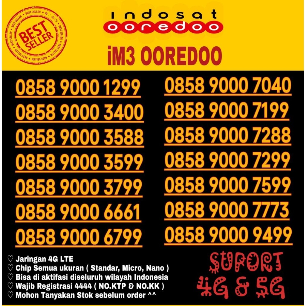 Nomor Cantik Indosat IM3 4G Lte O858 9000 3400 6661 7773