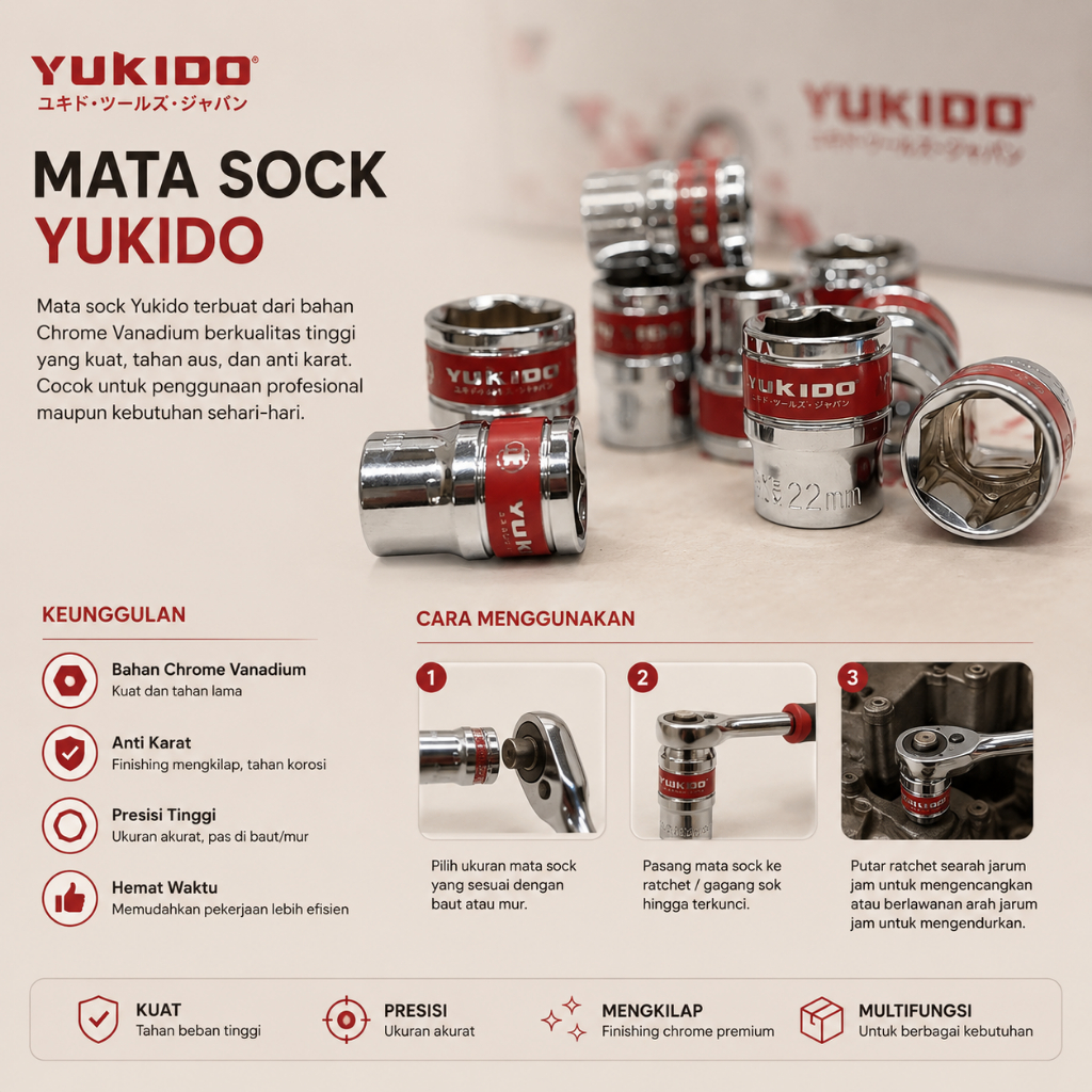 YUKIDO Mata Sock Chrome CRV TEKIRO Murah Kunci Sok Eceran 8 9 10 11 12 13 14 15 16 17 18 19 20 21 22
