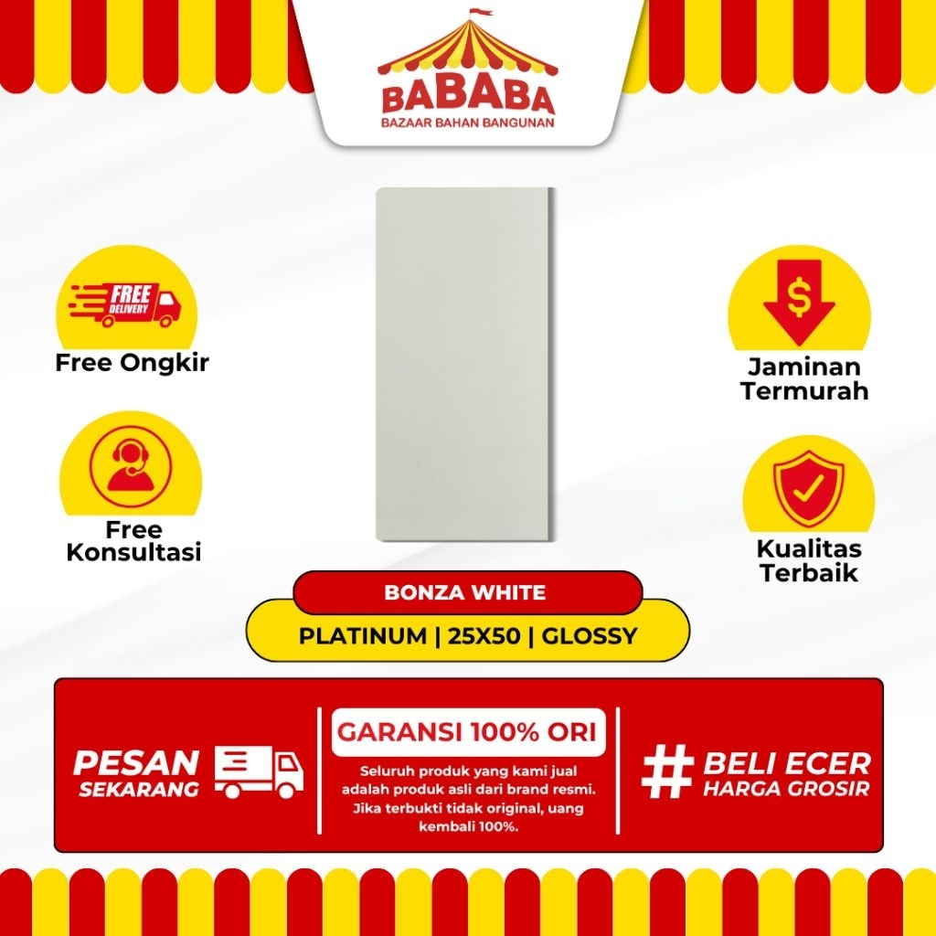 Keramik Dinding Ukuran 25x50 Platinum Bonza White Polos Glossy Keramik Dinding Kamar Mandi Dapur Kam