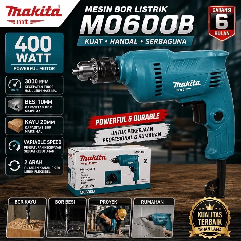 Bor listrik Makita m0600b m 0600b bor 10 mm bolak balik original MAKITA power
