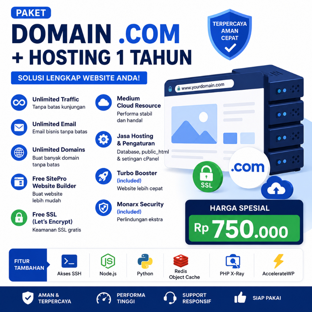 Domain .COM + Hosting 1 Tahun Unlimited + SSL & cPanel +Chatbot