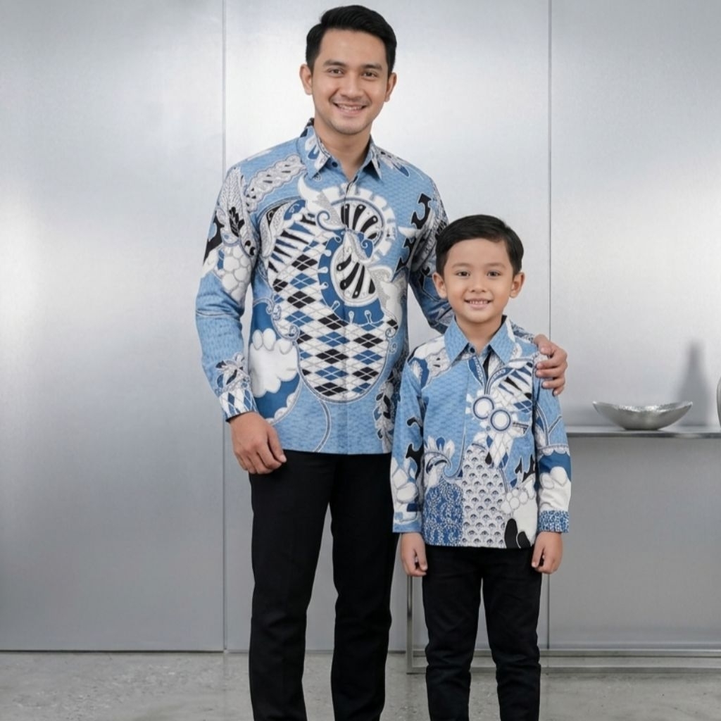 Biru Muda,  Kemeja Batik Couple Ayah Dan Anak, Pakai Lapisan Furing Hero, Anak Tak Pakai, Kemeja Bat