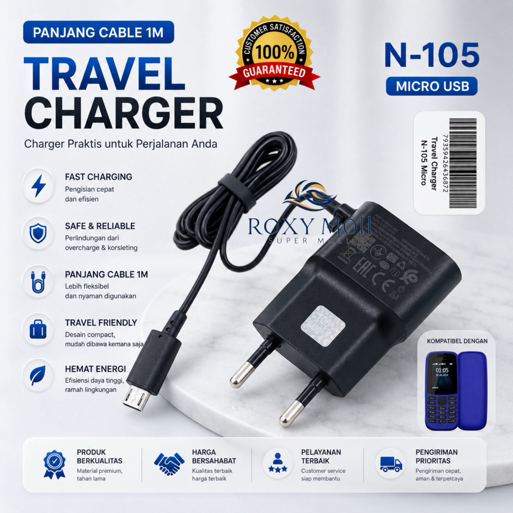 Charger N-105 Micro Kompatibel Hp Nokia Lumia Asha Real IC Casan Universal [ROXY]