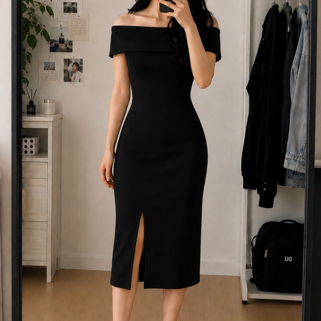 Black Midi Dress Bodycon Aesthete