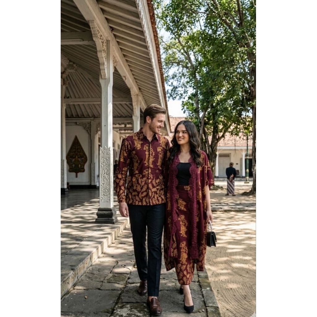 Set Couple Batik andini Wayang daun + Kemeja Batik wayang daun warna maroon mahogani