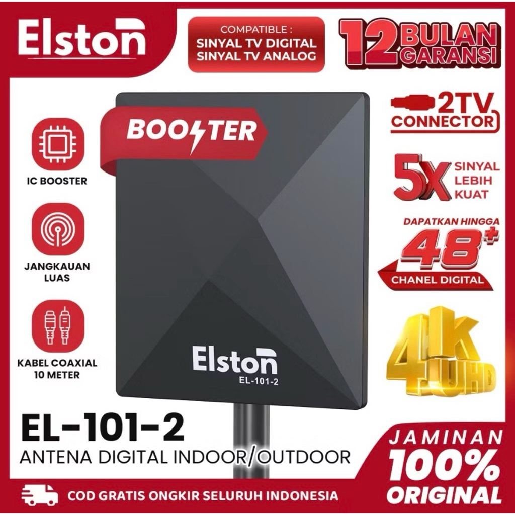 Elston Antena Digital Suport 2 TV Indoor & Outdoor Full Boster IC Booster Jangkauan Luas Kabel Coaxi