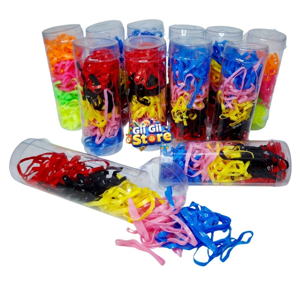 12 Pcs ​Karet Gelang Rambut Warna Neon Tabung (8,5x3 cm) KARET JEPANG TABUNG TOPLES KECIL mika