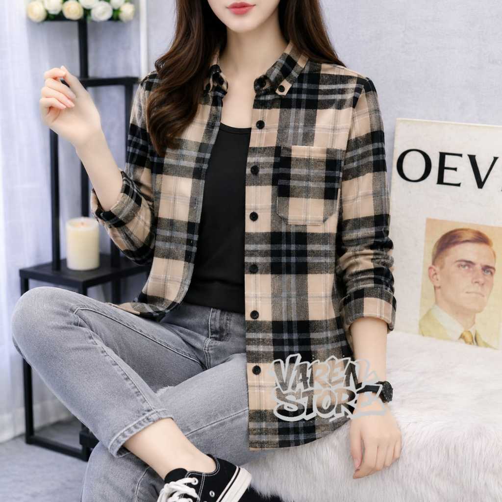 KEMEJA FLANNEL CEWEK LENGAN PANJANG KEMEJA WANITA KOTAK GARIS CASUAL