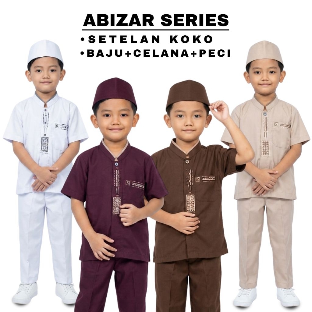 Sholeh kidis Setelan Koko Anak Abizar Series Baju Celana Peci Usia 1-12 tahun Lengan Pendek