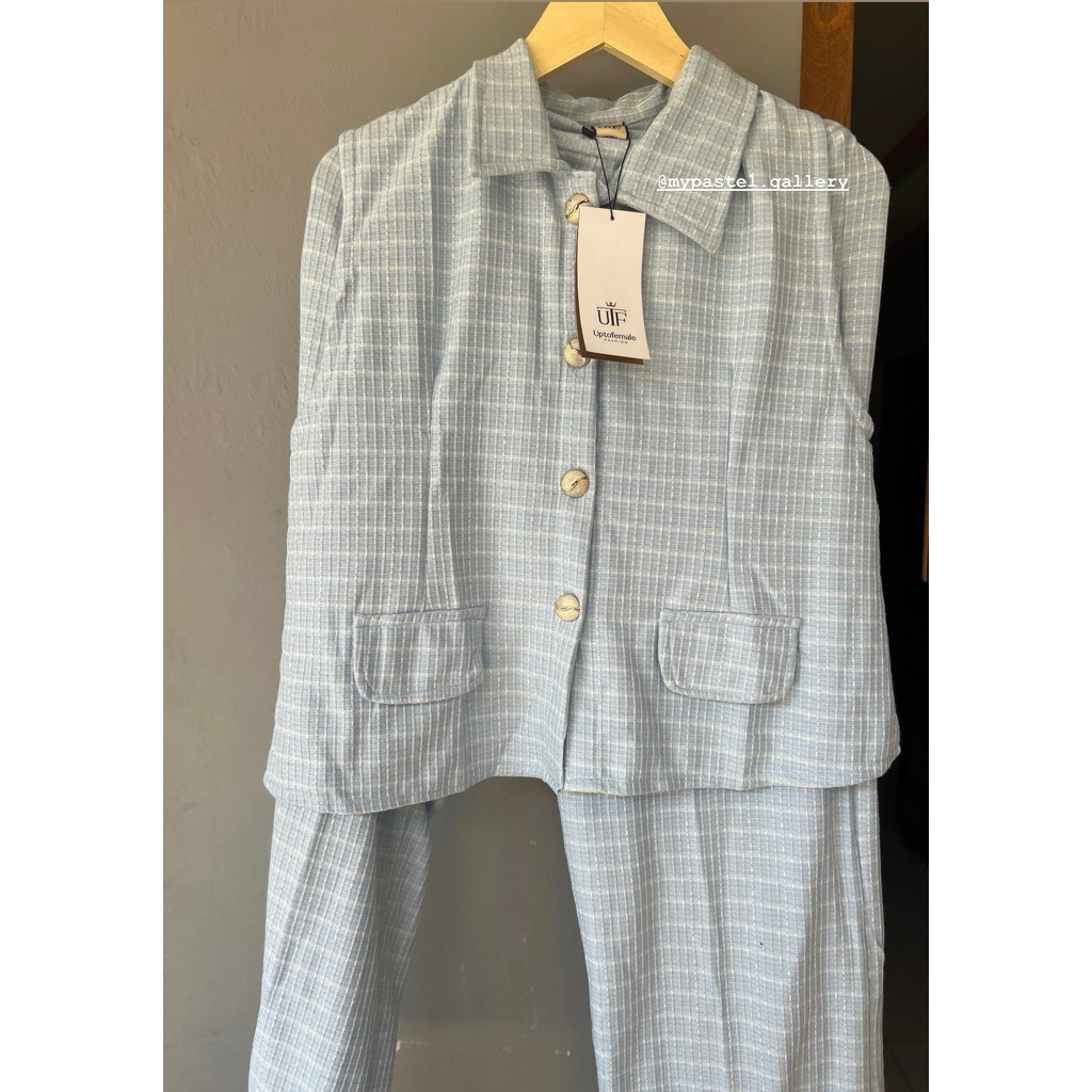 NEW SETELAN KNIT WANITA UP TO FEMALE / NEW SETELAN CELANA WANITA / SET KNIT BABY BLUE UT