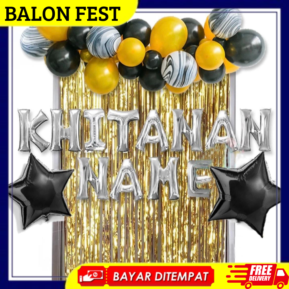 BALONFEST - ( Paket Dekorasi Khitanan ) Simple Elegan Hitam Emas Balon Nama / Set Dekorasi Khitanan
