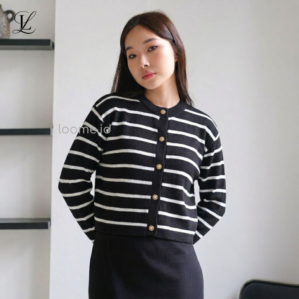Cardigan Wanita Garis Hitam Putih | Cardigan Rajut Stripe Korean Style | Outer Wanita Kekinian Casua