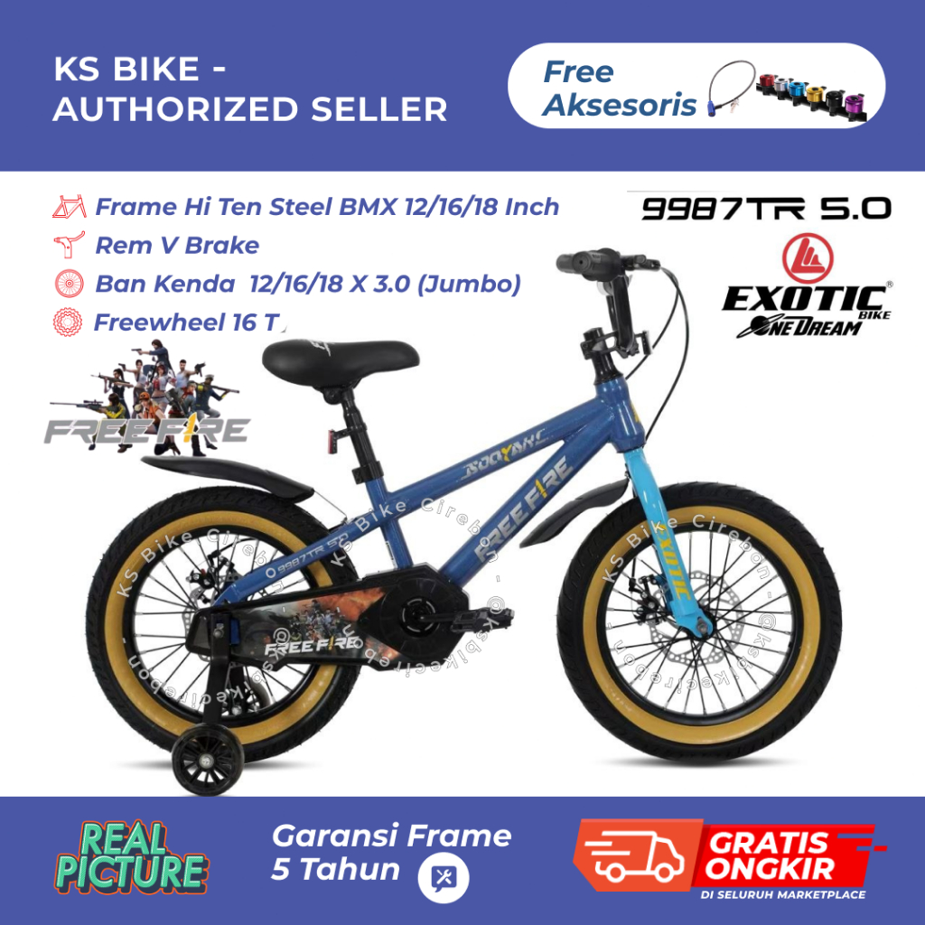 Sepeda Anak BMX EXOTIC 9987 TR 5.0 Ban Jumbo 3.0 Rem Cakram 12 16 18 Inch Free Fire BMX Anak Sepeda 