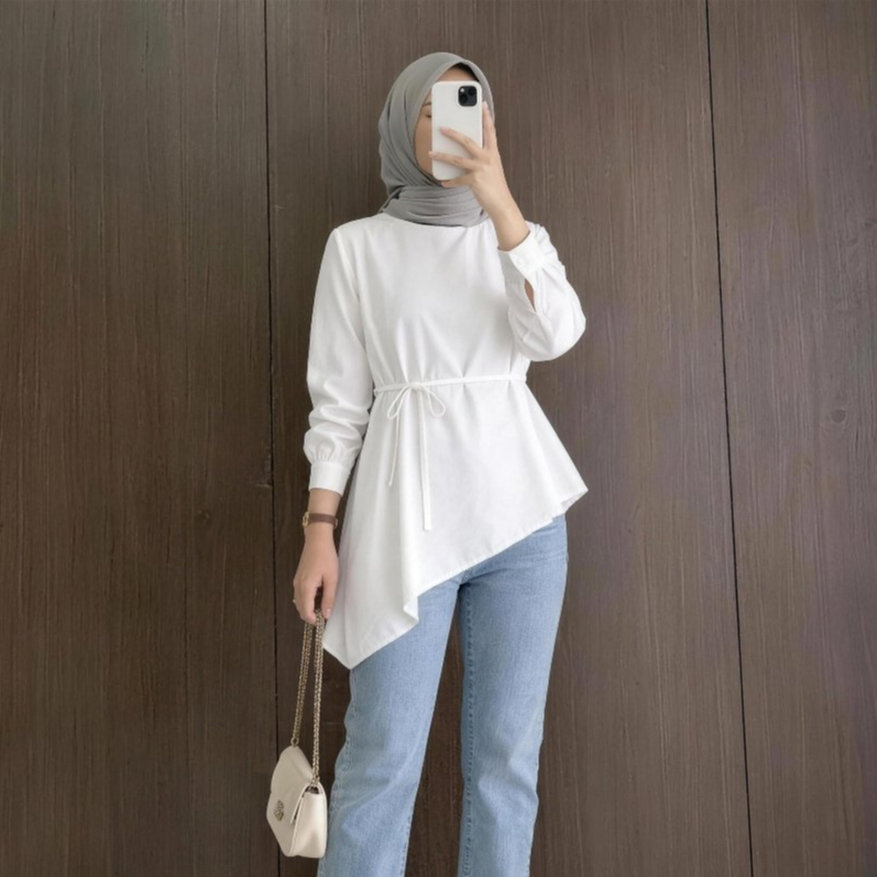 Blouse Asimetris Rayon Twill Mina - Atasan Wanita Tali Serut Minimalis Look