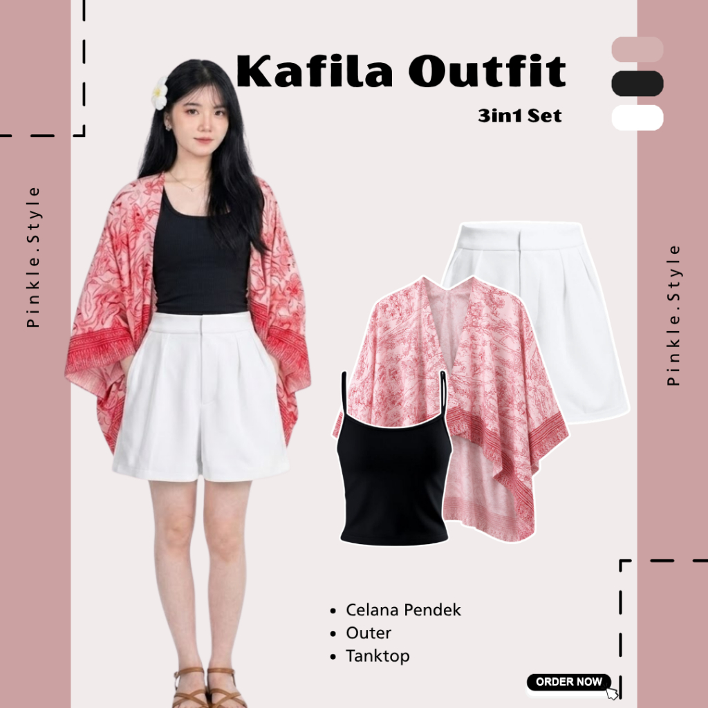 Set Pantai  Wanita Kafila { Celana Pendek - Outer - Tanktop } Setelan 3in1 Korean Look Kekinian