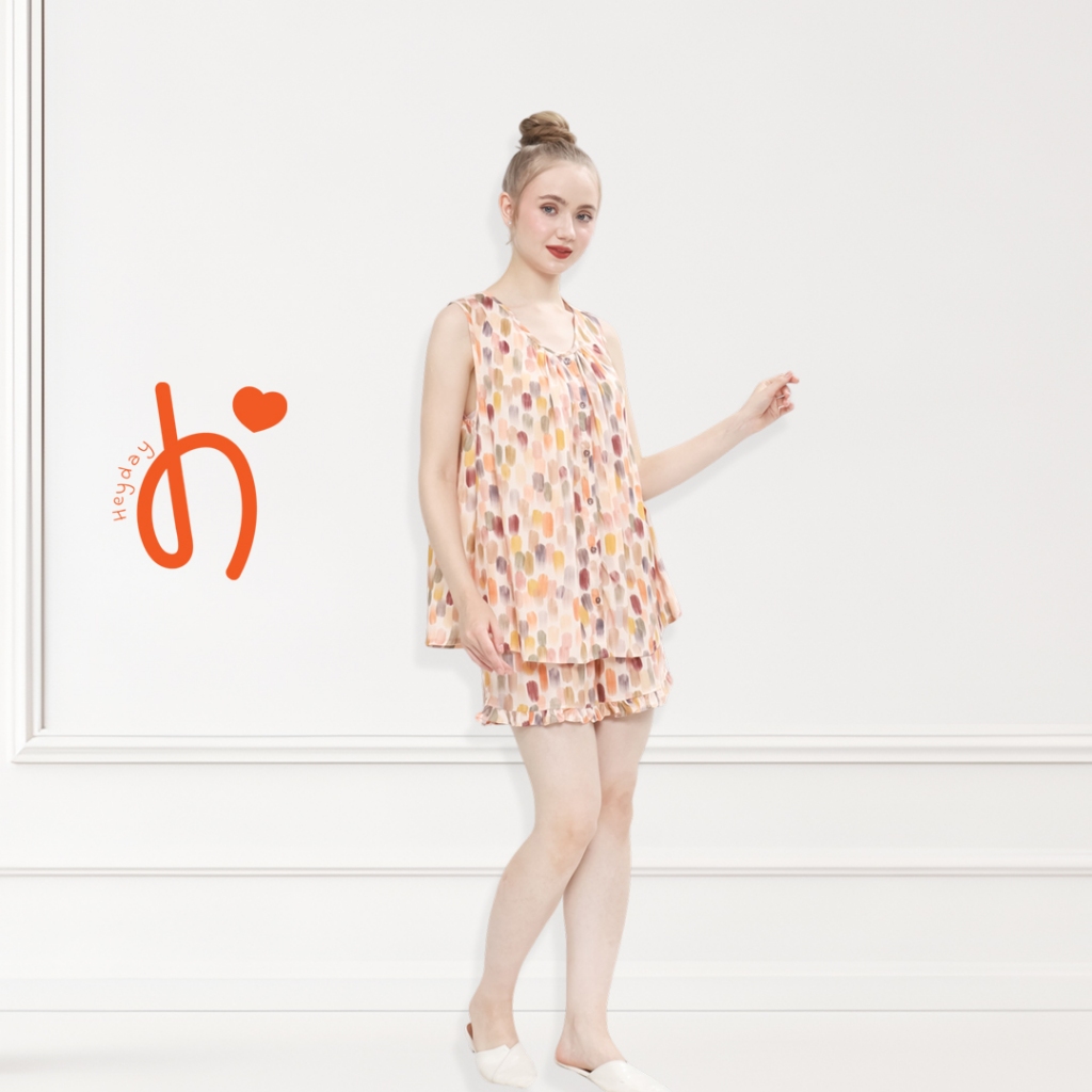 Heyday Piyama Set Wanita  Motif bunga bunga | Setelan Santai Sleeveless Soft Pastel | Baju Tidur Wan