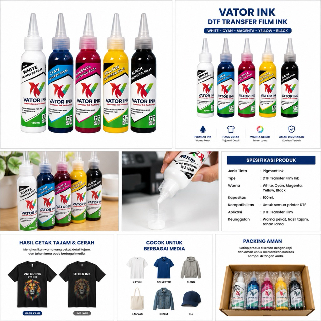 Vator Ink Transfer Film DTF CMYKW 100ML