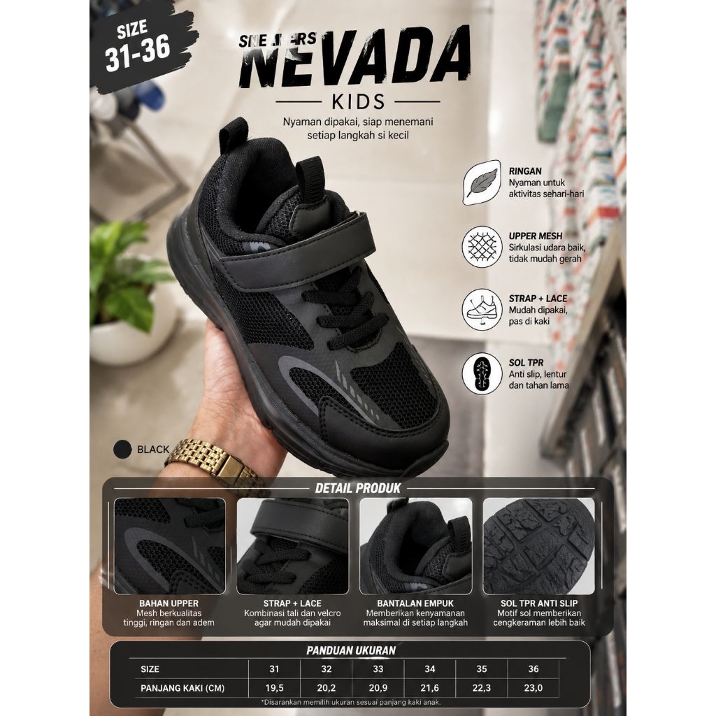 SEPATU SEKOLAH ANAK UNISEX NEVADA KIDS VELCRO BAHAN RINGAN  ORIGINAL MATAHARI SIZE 31-36