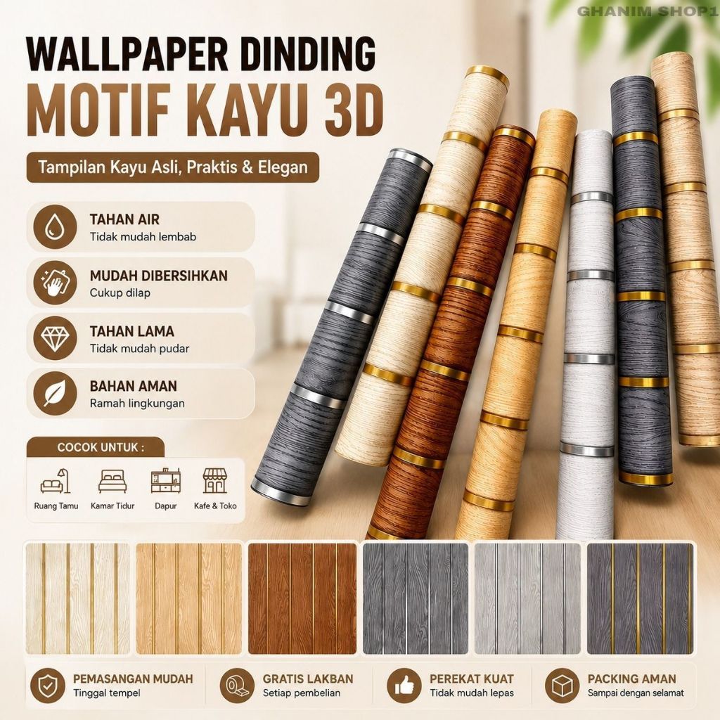 Wallpaper Stiker Dinding Motif Kayu Panel Lis Gold Elegan Anti Air Untuk Kamar Ruang Tamu Meja Lemar