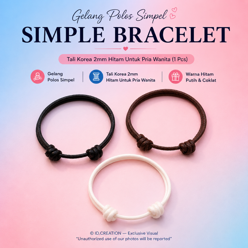 Gelang Polos Simpel - Tali Korea 2mm Hitam Coklat Putih Untuk Pria Wanita (1 Pcs)