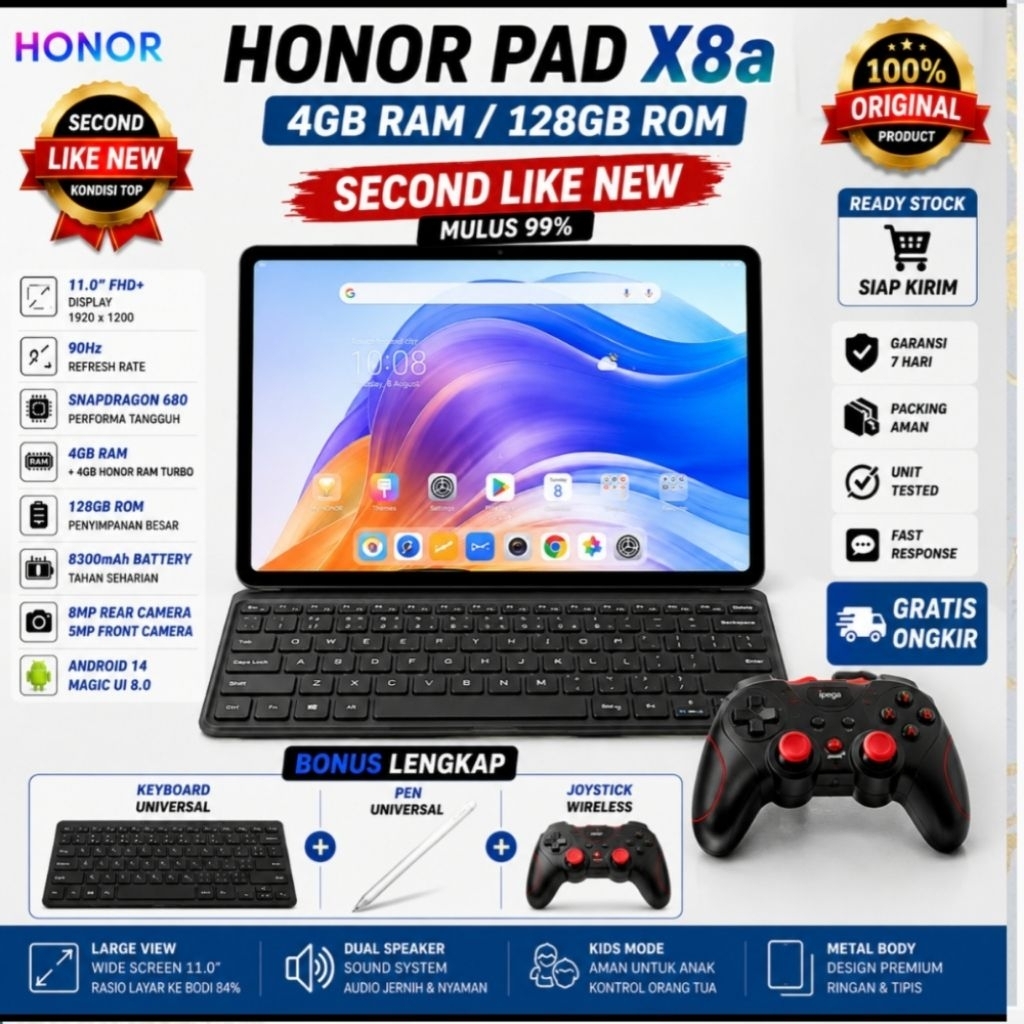 Honor Pad X8a 4GB 128GB Second Original Mulus Bonus Keyboard Mouse Pen Joystick Gaming