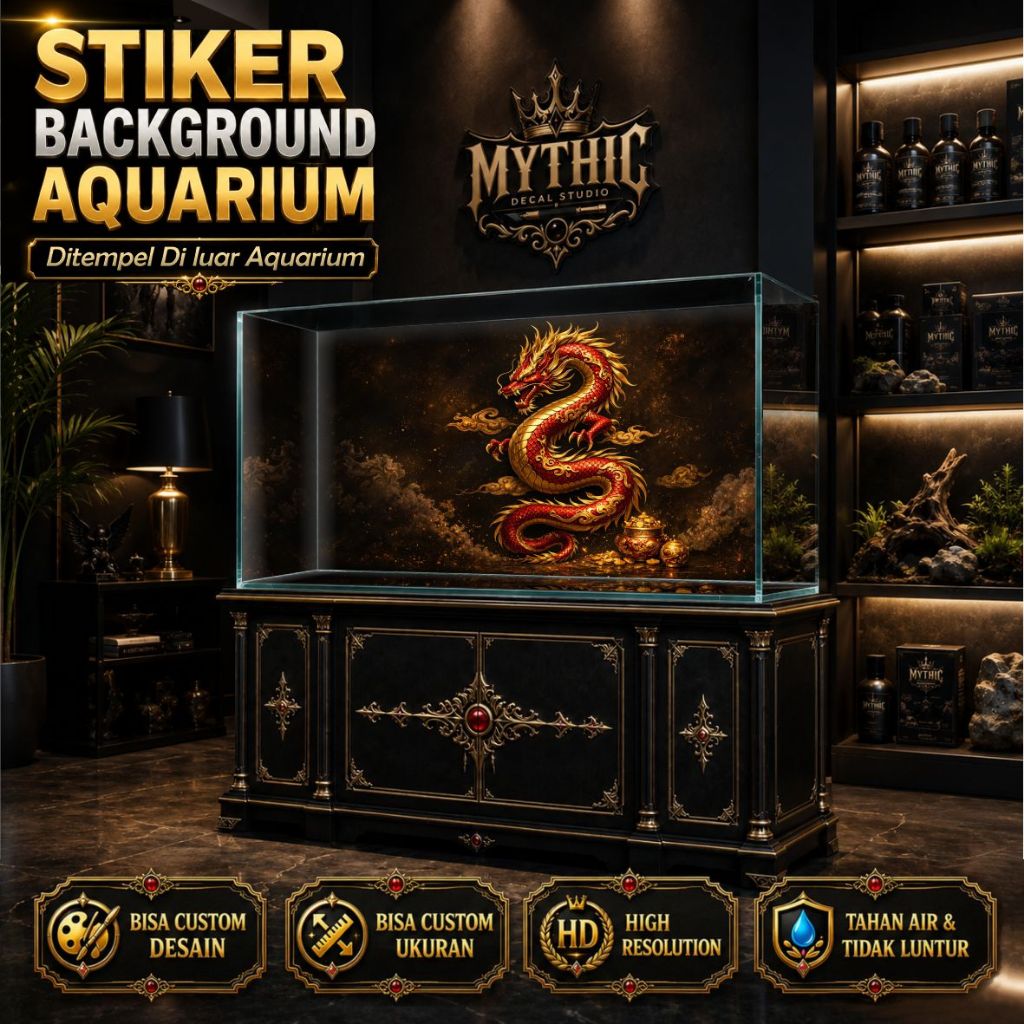Stiker Aquarium Dragon D3 By Mythic Decal Studio - Stiker Background Aquarium Naga Emas Custom Ukura