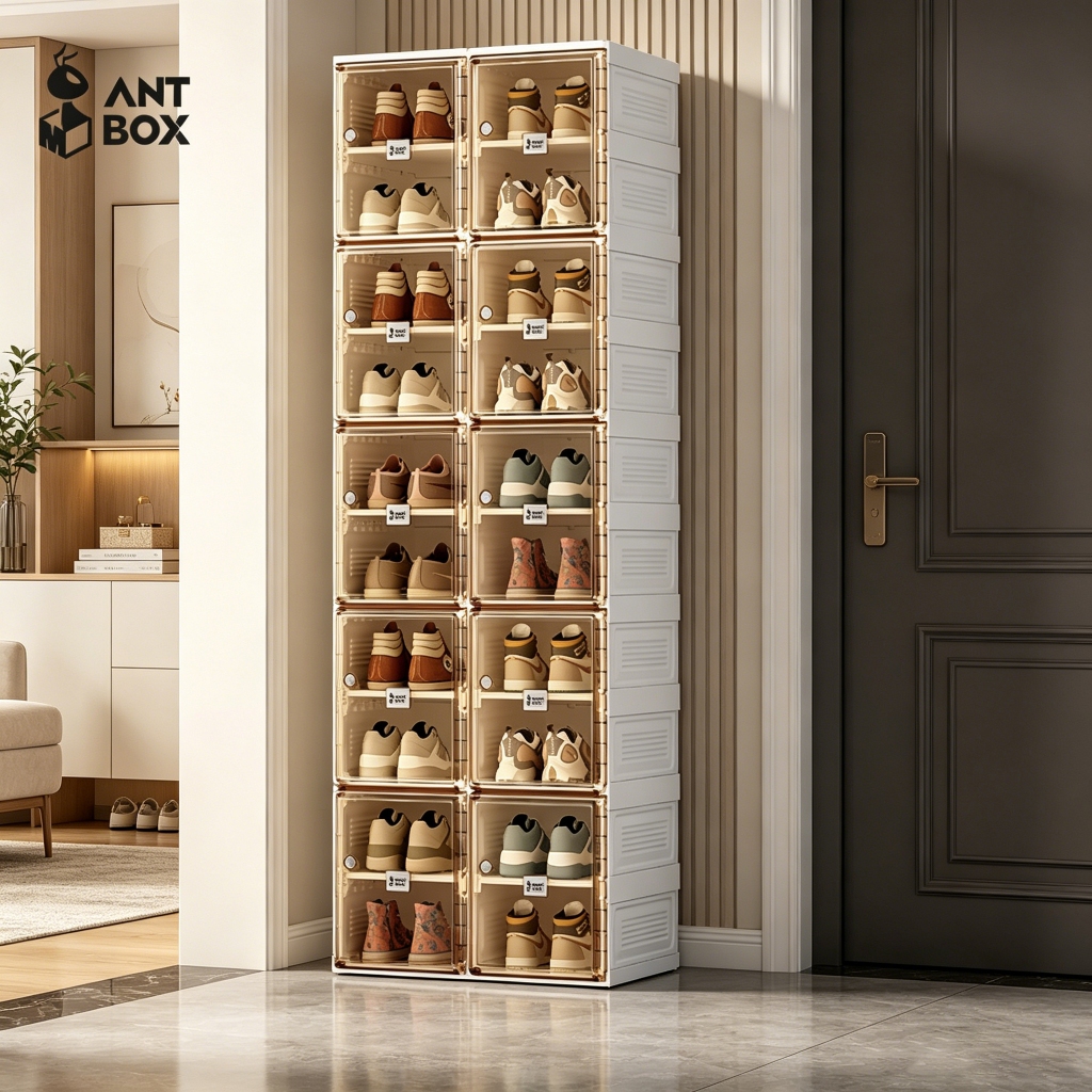 ANTBOX Rak Lemari Sepatu Lipat  Kapasitas 20 Pasang Pintu Transparan Kuat Kokoh Tahan Lama Anti Debu
