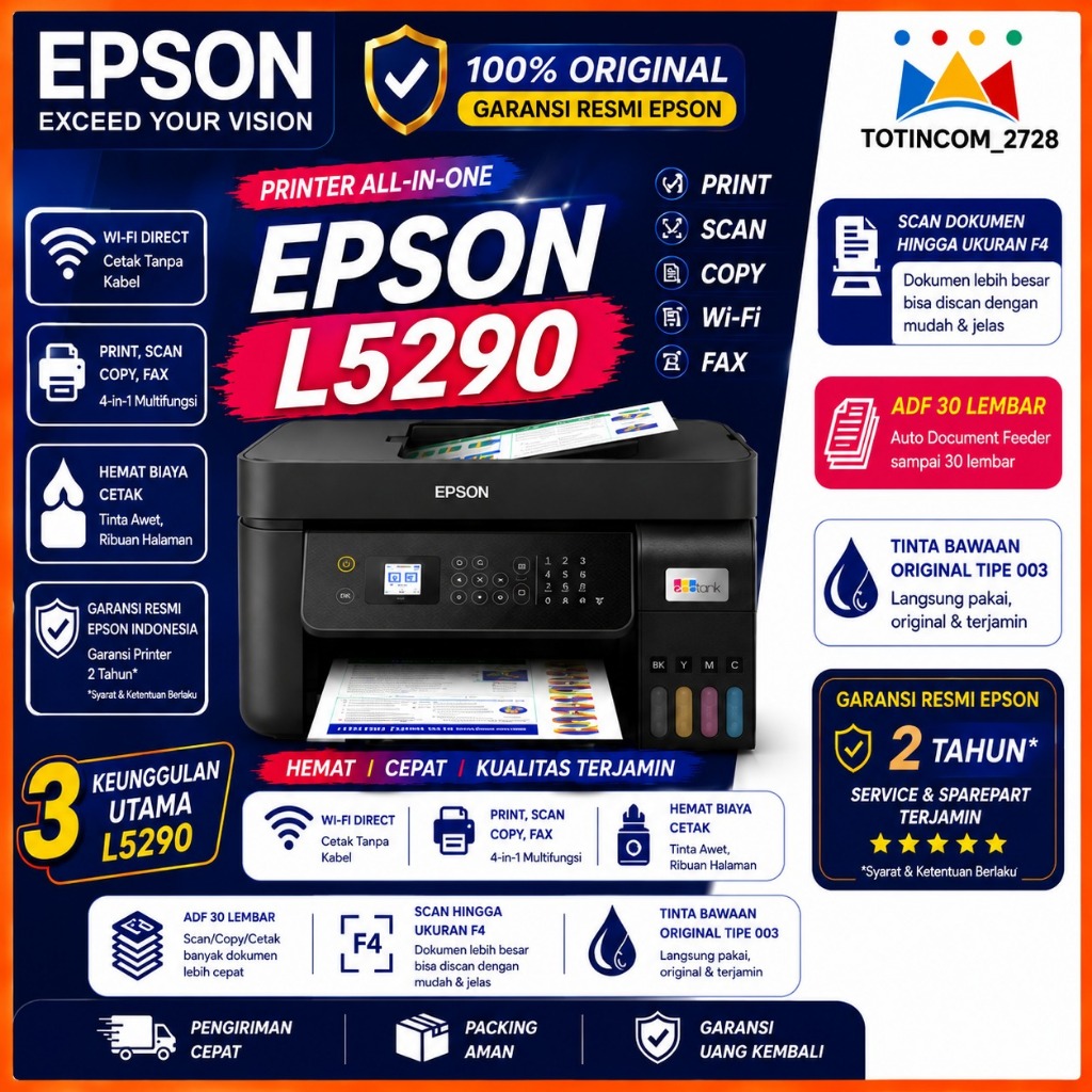 Printer Epson L5290 Print F4 Scan F4 WiFi scan otomatis 30 lembar All-in-One ADF