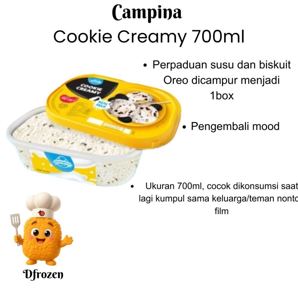 Es Krim Campina Cookie and Creamy 700ml Ice Cream Vanilla Dicampur Oreo