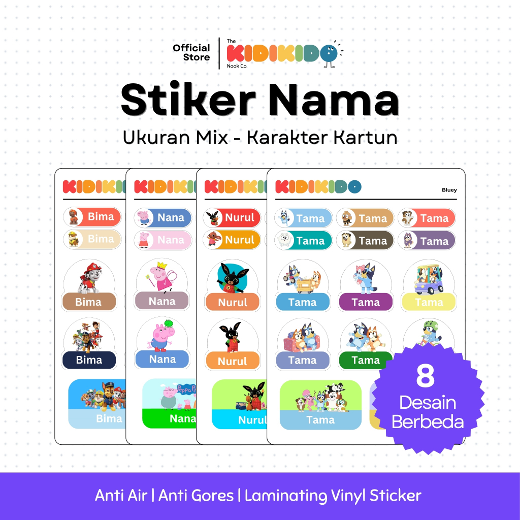 Stiker Label Custom Nama Anak Characters kartun Pokemon, Bluey, Bing, Paw Patrol Ukuran Kecil, Sedan