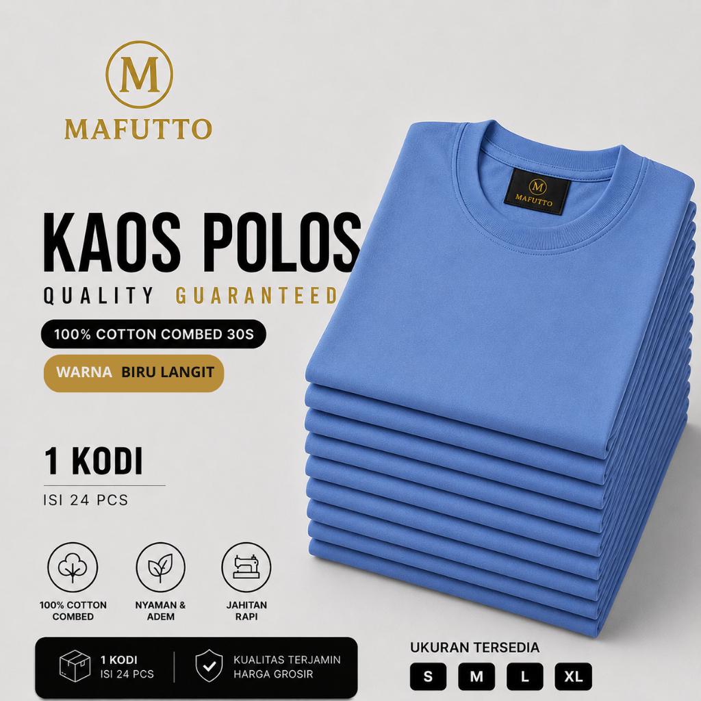 MAFUTTO Kaos Polos Unisex Cotton Minimalist Lengan Pendek - biru langit (sky blue) 1kodi 24pcs
