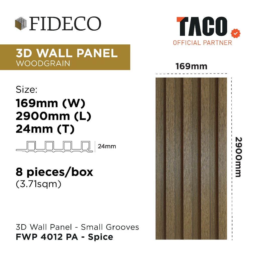 TACO FIDECO WPC 3D Wall Panel Small Grooves Motif Kayu Per 1 Lembar - FWP 4012 PA Spice