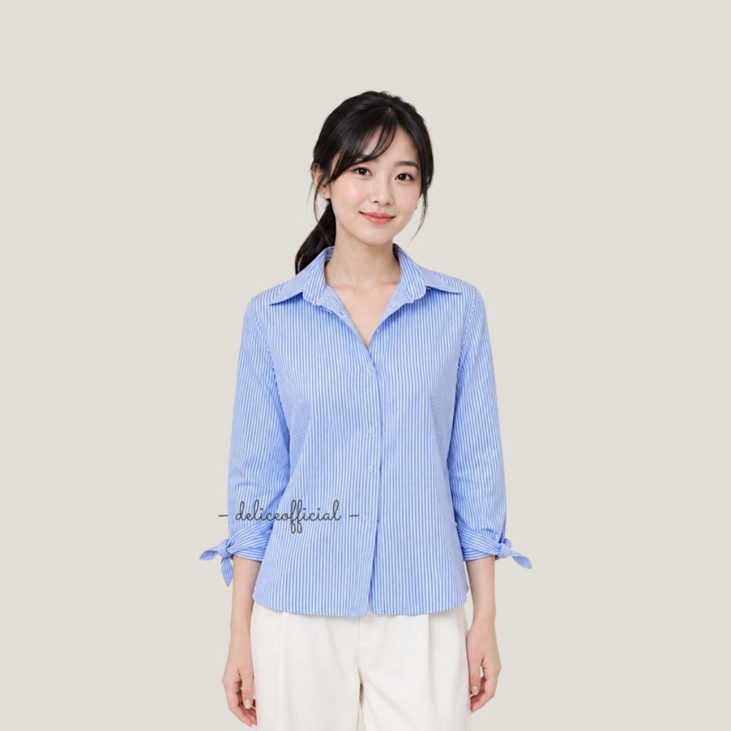 [Preloved] 157 Perry Top | Baju Atasan Salur Kemeja Garis Connexion Wanita Stripe Putih Biru