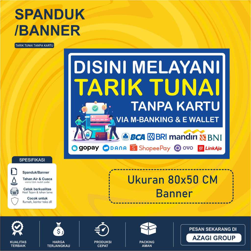 Spanduk Tarik Tunai Tanpa Kartu | M Banking & E Wallet | BCA BRI Mandiri BNI DANA OVO GOPAY ShopeePa