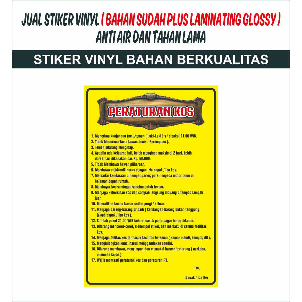 STIKER PERATURAN KOS__BISA CSTOM UKURAN