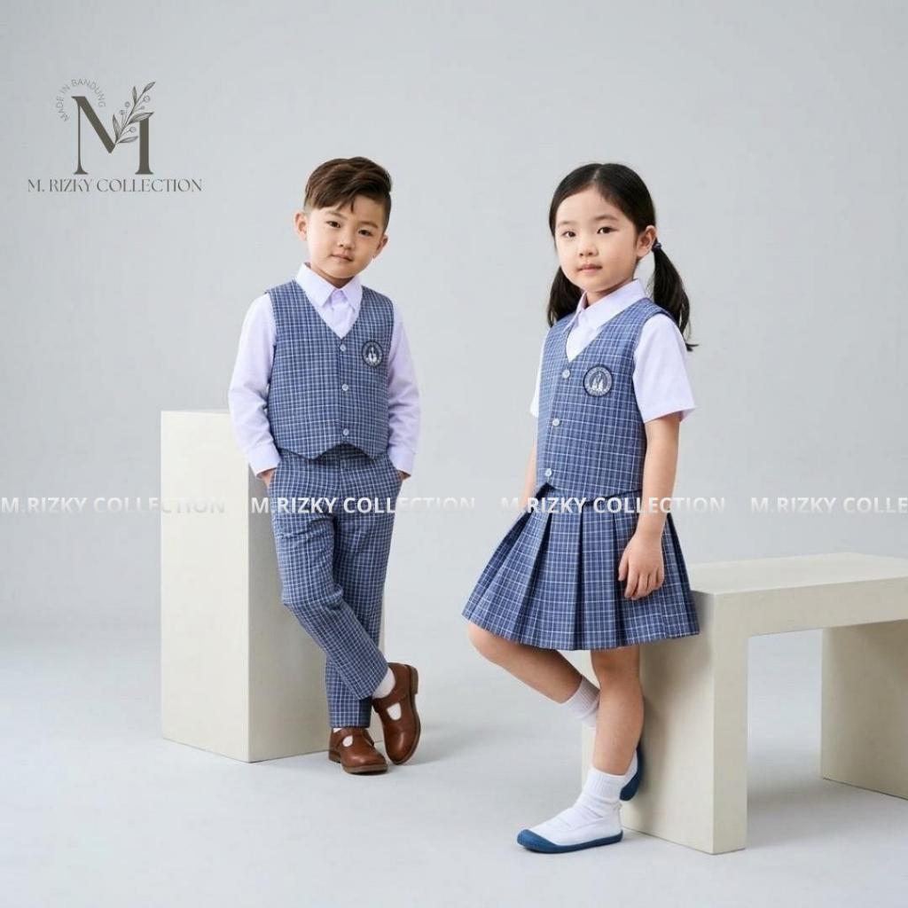 Set Seragam Rompi Kotak Biru TK/Paud Nasional Laki-Laki dan Perempuan Panjang/Pendek (Atasan Putih R